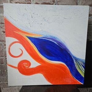 Abstract art with textured white space and flowing orange & blue colors - 2' Sq.